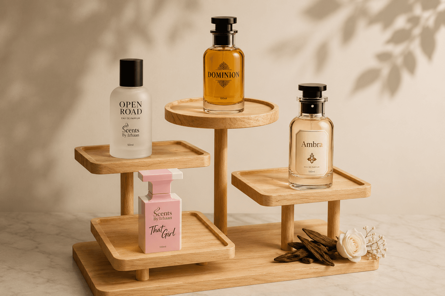 Scents By Izhaan perfume bottles displayed on wooden stands