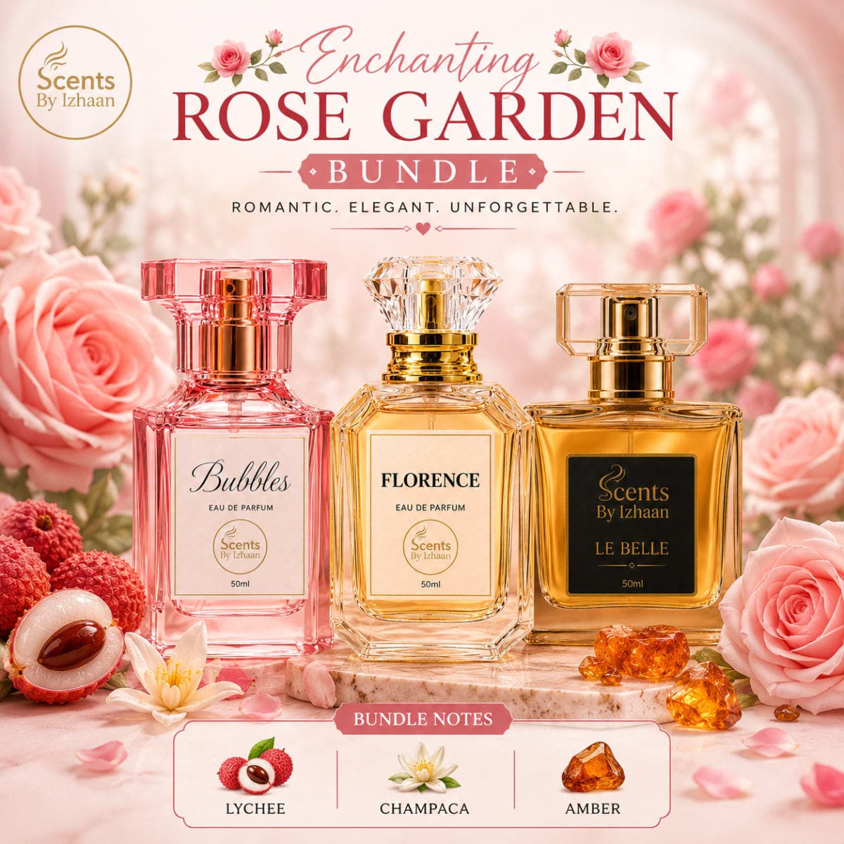Enchanting Rose Garden Trio - FLORENCE + Bubbles + Le Belle - A Rose Lover’s Dream - Women Perfume Bundle